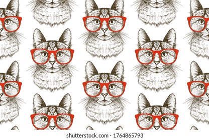 Seamless graphic pattern with hipster cat and red glasses, hand drawn vector illustration