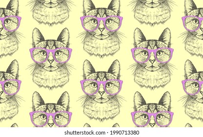 Seamless graphic pattern with hipster cat dressed violet glasses, hand drawn vector illustration