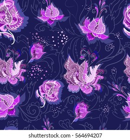 Seamless graphic pattern with the image of floral ornament. Made in a blue-violet color. Hand drawing. Vector Image.