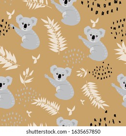 Seamless graphic pattern with the image of koalas of eucalyptus leaves on a beige background. Vector illustration