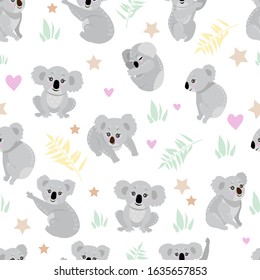 Seamless graphic pattern with the image of koalas on a white background. Vector illustration