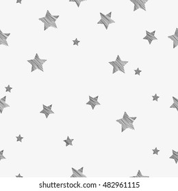 Seamless graphic pattern with the image of a simple geometric shape of the star. Vector illustration. Black and white, with elements of the hatch