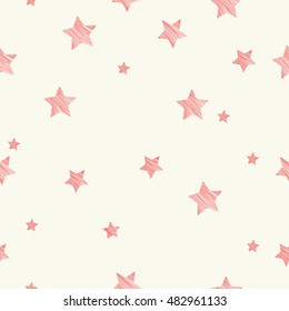 Seamless graphic pattern with the image of a simple geometric shape of the star. Vector illustration. Beige and red, with elements of the hatch