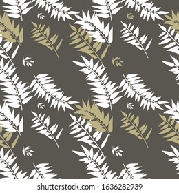 Seamless graphic pattern with the image of white and gold palm leaves on a black background. Vector illustration
