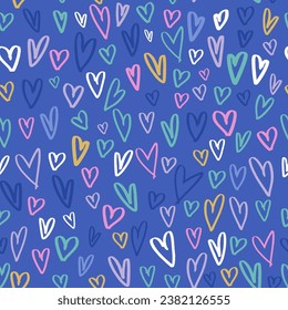 Seamless graphic pattern with ink drawn hearts. Abstract blue cute texture with hearts. Vector illustration