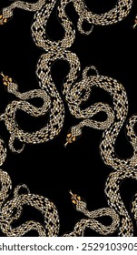 Seamless graphic pattern of intertwined snakes on a dark blue background, showcasing detailed scales and curves