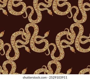 Seamless graphic pattern of intertwined snakes on a dark blue background, showcasing detailed scales and curves