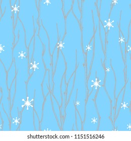 Seamless graphic pattern of intertwined tree branches and snowflakes, winter forest.