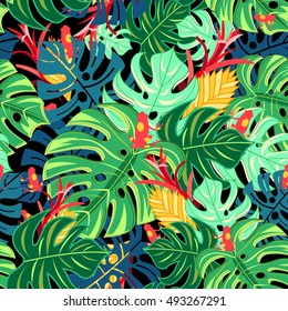 Seamless graphic pattern with leaves monstera and frogs on a dark background
