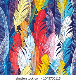 Seamless graphic pattern miracle multicolored feathers on a dark background