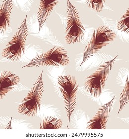 Seamless graphic pattern of peacock feather. simple red and orange feather pattern with white feather Repeating background texture, natural print. Fabric design, wallpaper..,