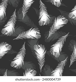 Seamless graphic pattern of peacock feather. simple black and white feather pattern with feather Repeating background texture, natural print. Fabric design, wallpaper..,