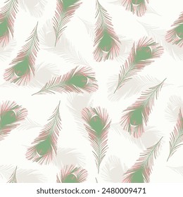 Seamless graphic pattern of peacock feather. simple summer red and green feather pattern with feather Repeating background texture, natural print. Fabric design, wallpaper..,