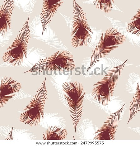 Seamless graphic pattern of peacock feather. simple red and orange feather pattern with white feather Repeating background texture, natural print. Fabric design, wallpaper..,