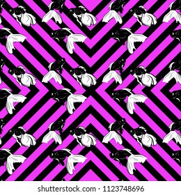 A seamless graphic pattern with a picture of a goldfish on a bright violet geometric background. Vector illustration. Black, white, purple colors.