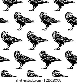 Seamless seamless graphic pattern with a picture of a wild crows bird. Vector illustration. Black and white. Monochrome.