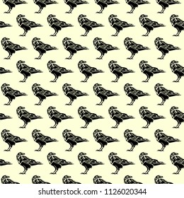 Seamless seamless graphic pattern with a picture of a wild crows bird. Vector illustration. Black and white. Monochrome.