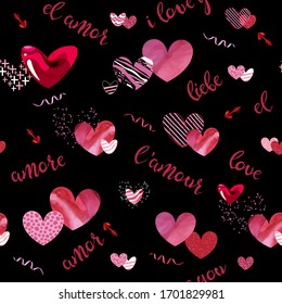 Seamless graphic pattern with red and pink textured hearts with arrows and word love written in different languages isolated on black background. Endless texture for cards, print, decoration. Vector