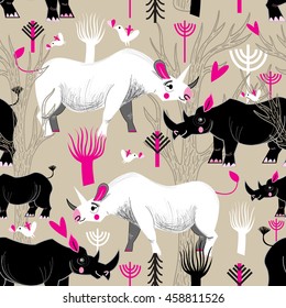 Seamless graphic pattern of rhinoceroses lovers in the forest
