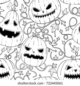 Seamless graphic pattern with scary pumpkins and petal on white background. Halloween decorative pattern. Vector illustration.
