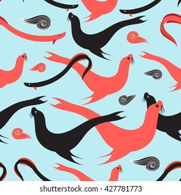 Seamless graphic pattern with sea lions and fish on a light blue background