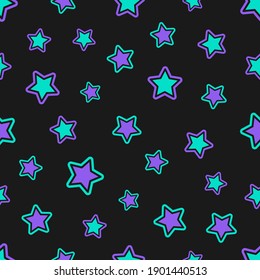 Seamless graphic pattern with simple geometric shape of the stars. Vector illustration. Colored retro violet glowing elements