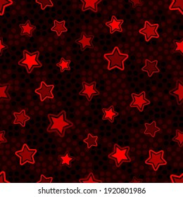 Seamless graphic pattern with simple geometric shape of the stars. Vector illustration. Colored retro red ruby glowing elements