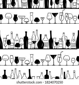 Patrón gráfico impecable con botellas de alcohol estilizadas y vasos de vino. Blanco y negro. Ilustración del vector