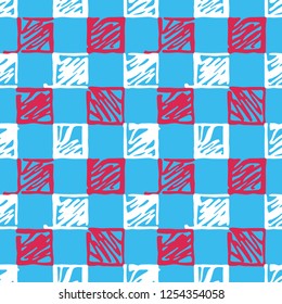 Seamless graphic pattern of the stylized hand-drawn white and red squares on a blue background. Vector illustration.
