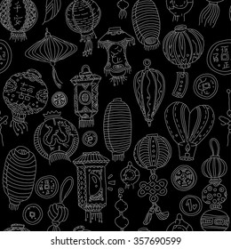 Seamless graphic pattern with stylized lanterns, knots and coins. White Outlines on the black background. Chinese characters: double happiness, peace. EPS10 Vector.