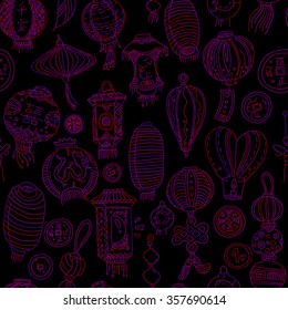 Seamless graphic pattern with stylized lanterns, knots and coins. Purple Outlines on the black background. Chinese characters: double happiness, peace. EPS10 Vector.