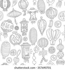 Seamless graphic pattern with stylized lanterns, knots and coins. Outlines on the white background. Chinese characters: double happiness, peace. EPS10 Vector.