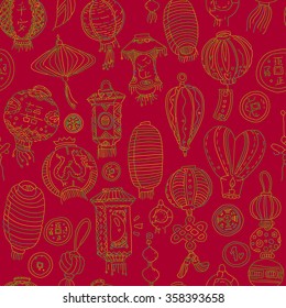 Seamless graphic pattern with stylized lanterns, knots and coins. Green outlines on the dark red background. Chinese characters: double happiness, peace. EPS10 Vector.