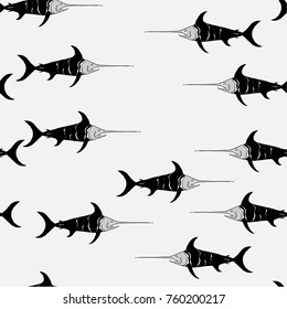 Seamless graphic pattern with a swordfish image. Black and white illustration. Vector graphics.