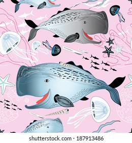 Seamless graphic pattern of whales and jellyfish on a pink background  