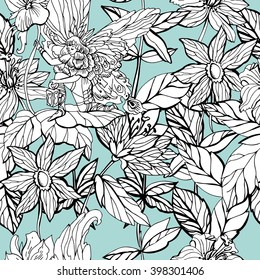 Seamless  with graphic stylized flowers and elves. Graphic pattern. Seamless pattern for fabric, paper and other printing and web projects.