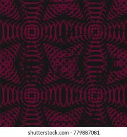 Seamless graphic texture with acute waves. Dark optical illusions style. Repeating background. Tile pattern. Black and red. 