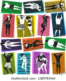 seamless graphic texture - people sunbathe on the beach, vector illustration