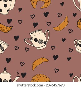  Seamless graphic  vector hand-drawn pattern with teapot, cup, bun, hearts, croissant in brown tones. Idea for printing on wrapping paper, envelopes, napkins, textiles, packaging.