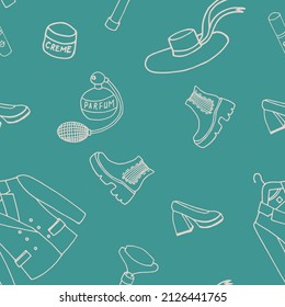 Seamless graphic  vector hand-drawn pattern with f items for girls: perfume, hat,  shoes, cosmetics, headdress. The idea for creating patterns, printing on textiles, albums,can be used as a background