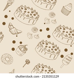 Seamless graphic  vector hand-drawn pattern with cakes, lollipops, croissant, pastries. Idea for printing on wrapping paper, envelopes, napkins, textiles, packaging.