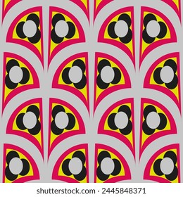 Seamless graphic vector pattern in art deco style with arches, graphic flowers and abstract shapes with contrasting colors. Suitable for interior, wallpaper, fabrics, clothing, stationery.

