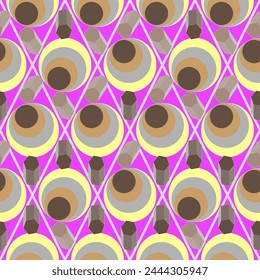 Seamless graphic vector pattern with circles, polygons, 3D shapes, rhombuses, geometry. Suitable for interior, wallpaper, fabrics, clothing, stationery.

