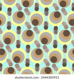 Seamless graphic vector pattern with circles, polygons, 3D shapes, rhombuses, geometry. Suitable for interior, wallpaper, fabrics, clothing, stationery.

