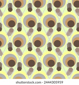 Seamless graphic vector pattern with circles, polygons, 3D shapes, rhombuses, geometry. Suitable for interior, wallpaper, fabrics, clothing, stationery.

