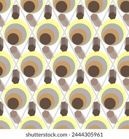 Seamless graphic vector pattern with circles, polygons, 3D shapes, rhombuses, geometry. Suitable for interior, wallpaper, fabrics, clothing, stationery.

