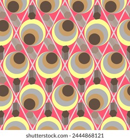 Seamless graphic vector pattern with circles, polygons, 3D shapes, rhombuses, geometry. Suitable for interior, wallpaper, fabrics, clothing, stationery.

