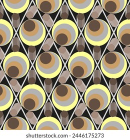 Seamless graphic vector pattern with circles, polygons, 3D shapes, rhombuses, geometry. Suitable for interior, wallpaper, fabrics, clothing, stationery.

