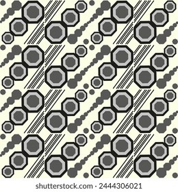 Seamless graphic vector pattern consisting of geometric shapes - polygons and stripes. Suitable for interior, wallpaper, fabrics, clothing, stationery.

