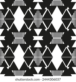 Seamless graphic vector pattern consisting of black geometric shapes - triangles and stripes. Suitable for interior, wallpaper, fabrics, clothing, stationery.

